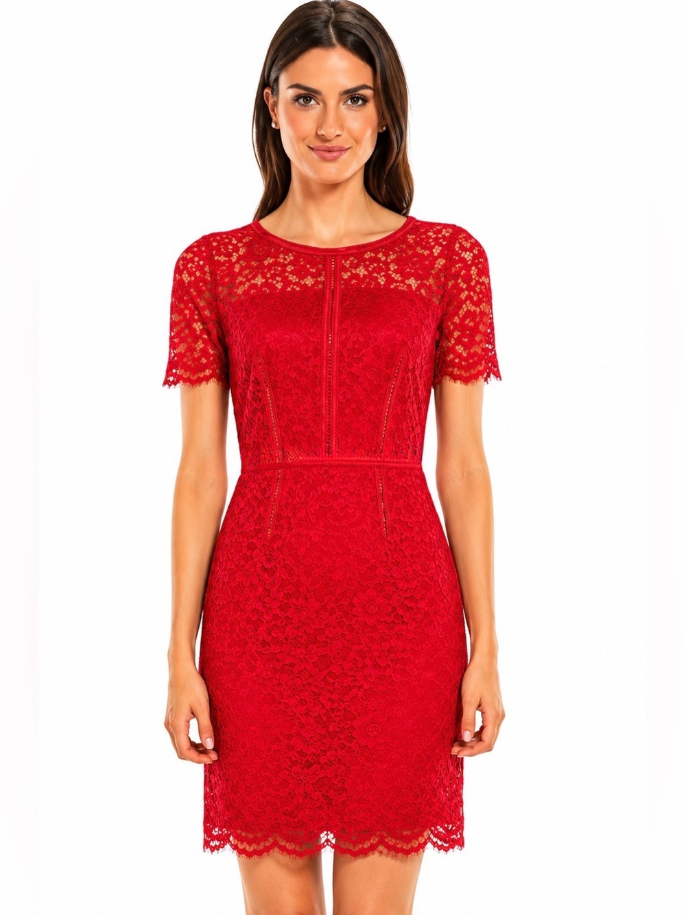 Elle Red Lace Sheath Dress Scalloped Hem Short Sleeve Size XS (See Measurements)